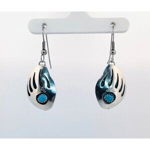 Estate Sterling Silver Bear Paw Turquoise Gem Dangle Earrings 925 Native Style